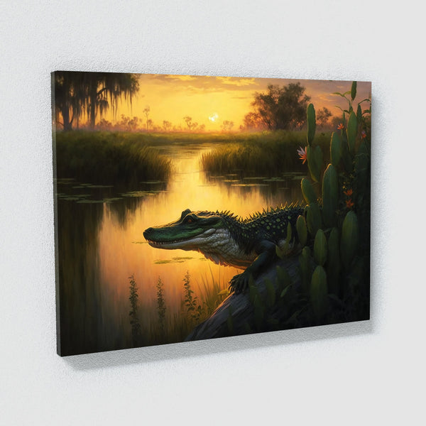 Alligator In Swamp With Sunset 15 Canvas Wall Art Print Decor