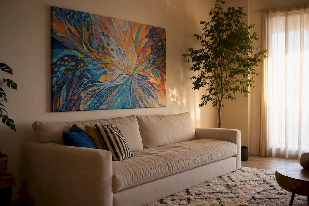 The Right Way to Size and Hang Art Above a Sofa
