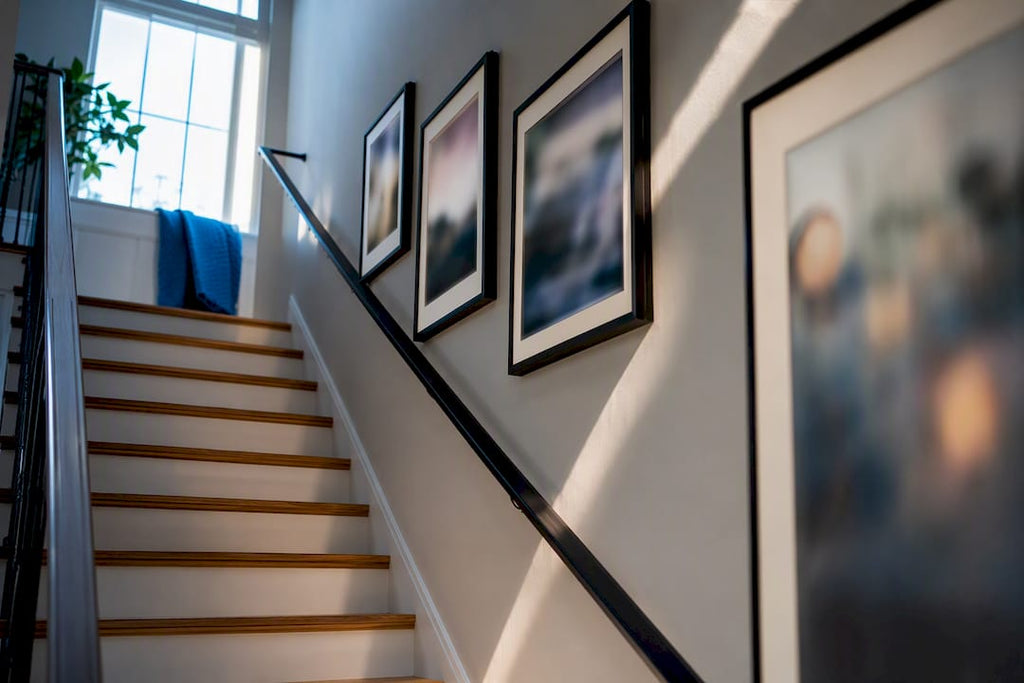 Four Staircase Wall Art Layouts with Slope Math and Custom Sizes