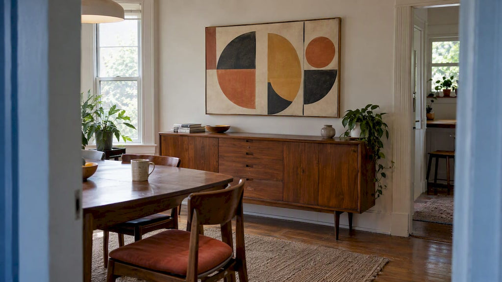 Mid Century Wall Art: Set Custom Canvas Width to 60–75% of Furniture