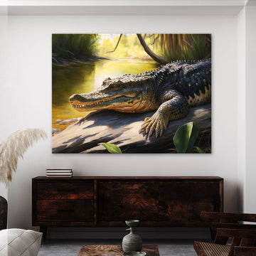 Alligator Basking On Riverbank 14 Canvas Wall Art Print Decor