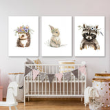 Nursery Baby Hedgehog Rabbit Raccoon 4 Wall Art